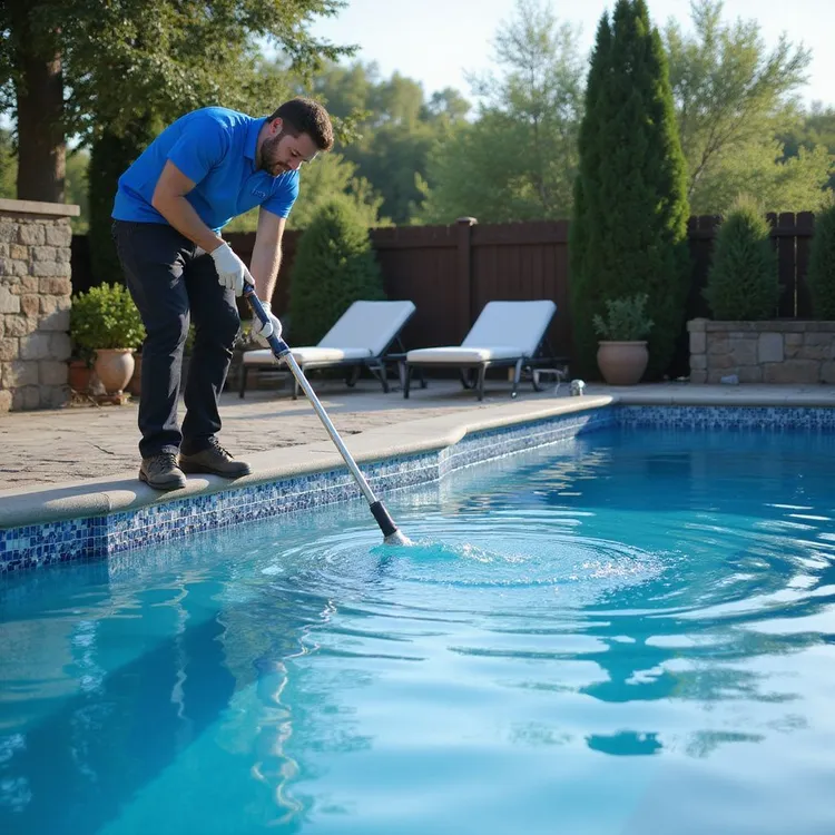 Person cleaning a pool with a long-handled brush. Blue water, sunny day, backyard setting.